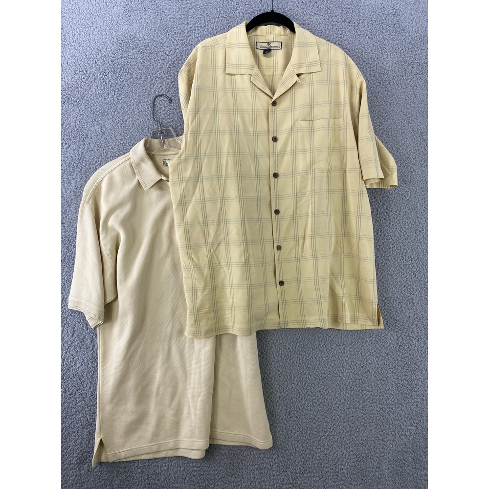 Tommy Bahama Shirts Mens Medium Silk Polo and Silk Camp Tan Plaid 2 Pack Casual